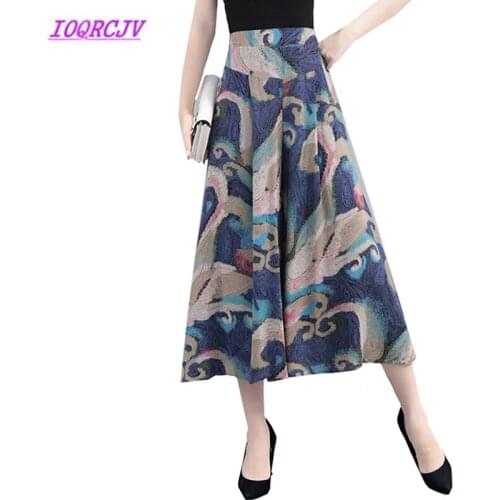 Summer High waist Chiffon Cropped pants Plus size Women Wide leg Pants Flower Trousers Printed Large Wide Leg Pants Skirt B059