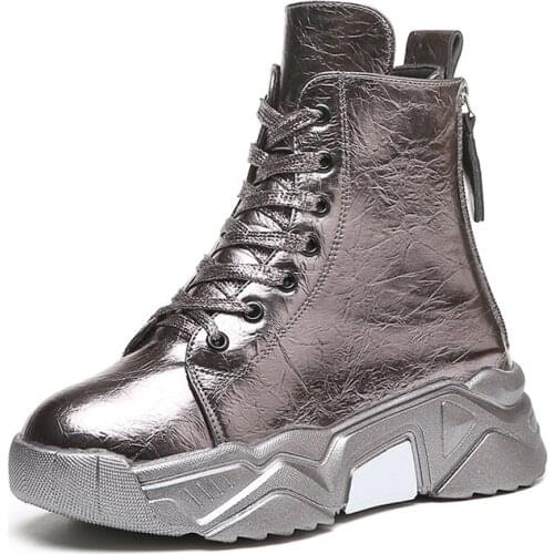 Metal Silver Chunky Platform Sneakers Women Winter Warm Super High Heels Casual Shoes Woman Height Increasing Boots Mujer U13-40