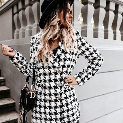 2021 Women Cashmere Trench Jacket Tweed Coat Vintage Casual Plaid Woolen Lattice Long Sleeved Suit Collar Double Breasted Coat