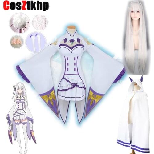 2021 Anime Emilia Cosplay Costume Re:Zero Starting Life in Another World Emilia Dress and Wig Halloween Woman Girls Ball Dresses