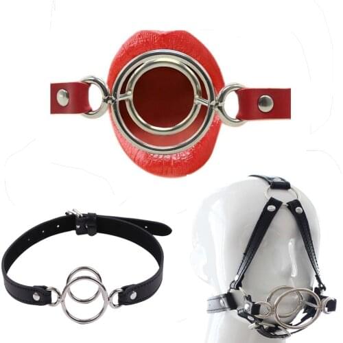 PU Leather Belt Deep Throat Double Round Ring Flail BDSM Bondage Slave Mouth Bite Ring Gags Open Mouth Gag Oral Adult Sex Toys