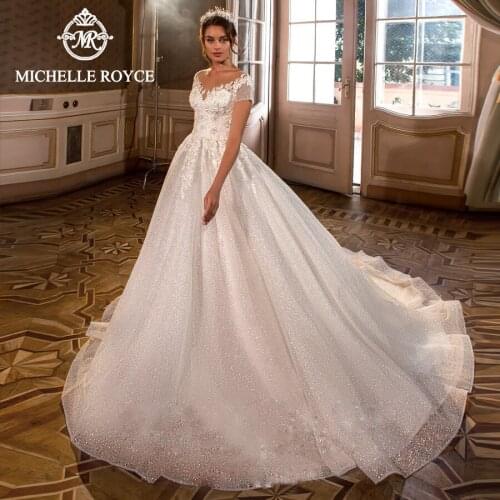 Michelle Royce A-Ling Wedding Dresses 2020 Sexy V-neck Short Sleeve Appliques Button Chapel Train Bridal Gowns Vestido De Noiva