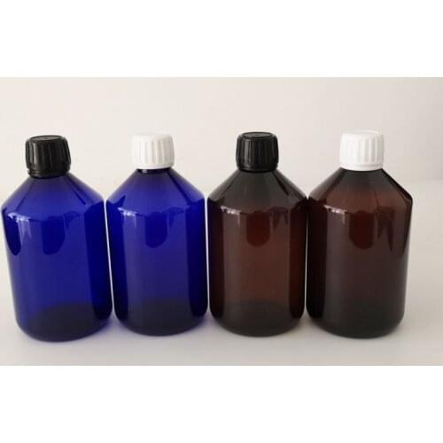 500ML 10pcs Plastic Anti-theft Cap Toner Bottles, Empty Blue/Amber PET Bottle With Black/Wite Ribbed Screw Cap