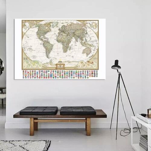 150*100cm Retro Map of The World with National Flags Vinyl Canvas Painting Wall Art Poster Office Home Decor School Supplies