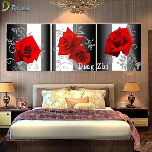 3 Piece Diamond Painting Home Decor Red Rose 5D Cross Stitch Diy Diamond Mosaic Flower Embroidery Square Round Drill Triptych