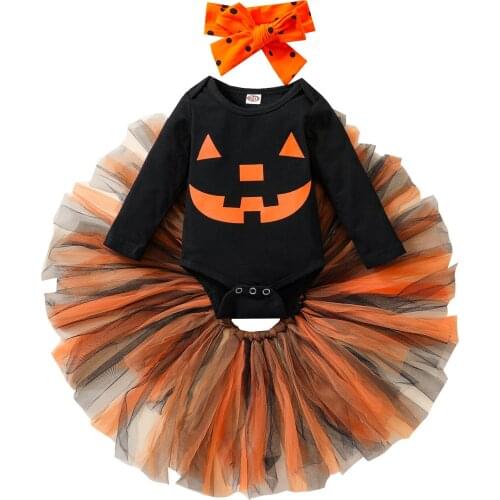 2021 0-18M Baby Girls Halloween Clothes Set Pumpkin Print Black Long Sleeve O-neck Romper+Stripe Short Tulle Skirt+Headband 3pcs