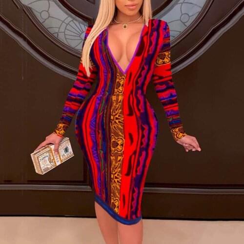 4xl 5xl Plus Size Bodycon Dress Women Full Sleeve Deep v Neck High Waist Mid Calf Sexy Evening Party Night Club Wear Vestidos