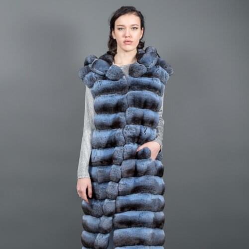 Women Long Hooded Fur Coat Vest 2021 New Trendy Real Rex Rabbit Fur Jacket