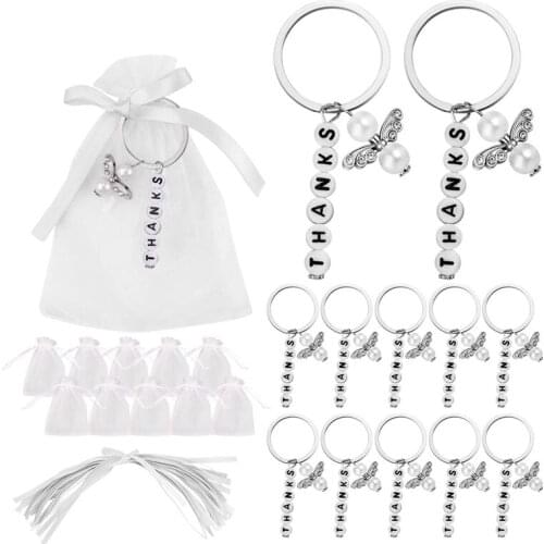 HOT SALE 20 Sets Baptism Party Favors, Wedding Favors Thanks Style Keychain with Drawstring Communion Birthday