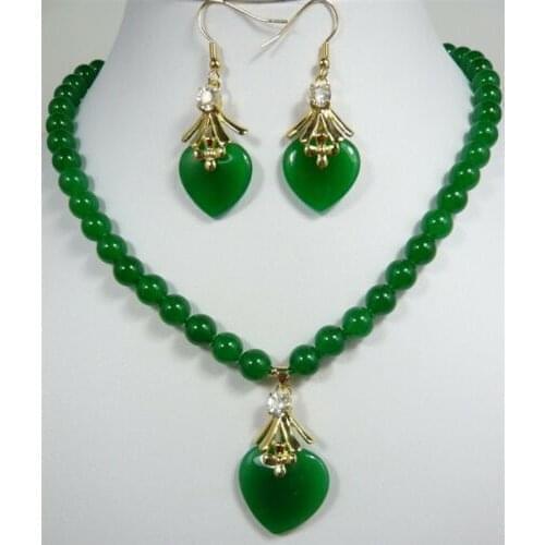 Emerald Green Jade Crystal Women Girl Party Pendant Necklace Earrings Set
