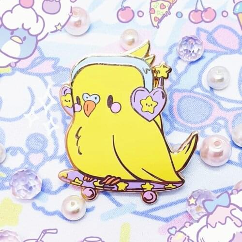 Kawaii Pastel Skateboard Music Bird Hard Enamel Pin Unique Cartoons Animal Heart-shaped Headset Brooch Music Fans Gifts