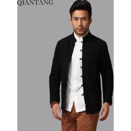 Top Selling China Men Cotton Linen Kung Fu Jacket Black Spring Long Sleeves Coat hombre chaqueta Size M L XL XXL XXXL Mim14D