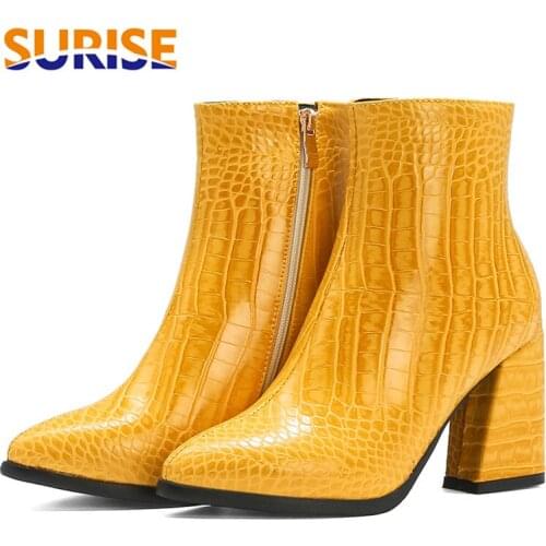 Fashion Quality Women Ankle Boots High Square Heels Red Black Crocodile Print Dress Party Office Ladies Pointed Toe Zipper Boots