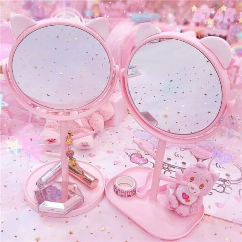 Cartoon Cat Desktop Make-up Mirror Rotating Princess Decorative Portable vanity round mirror jewelry rack Home Table Decoration
