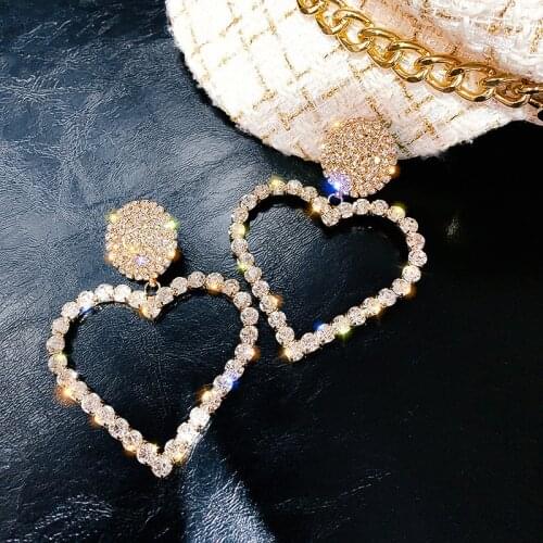 New Fashion Heart Earrings Womens Luxurious Geometric Full Rhinestone Earrings Korean Gold/Silver color Love Jewelry Gift