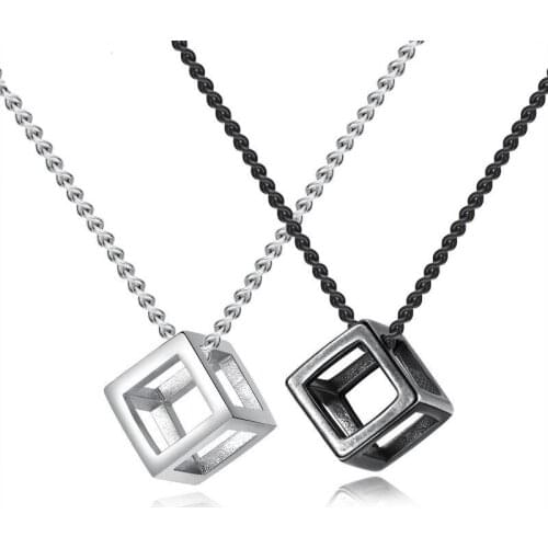 Black Square Rubiks Cube Pendant Necklace for Men Boy Stainless Steel Chain Link 24Inch Necklace Punk Charm Male Jewelry