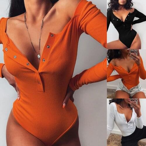 Sexy Women Tops And Bloues Square Neck Long Sleeve Buttons Ribbed Bodysuit Knitted Slim Romper