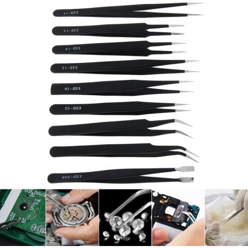 Tweezers 9pcs Precision Tweezers Set Anti-Static Stainless Steel Tweezers for Craft / Jewelry / Electronics / Laboratory