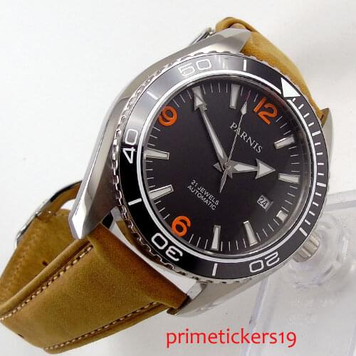 Silver color case 45mm Parnis black dial sapphire glass ceramic bezel automatic mens watch orange marks