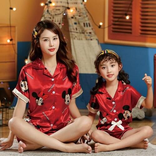 Mother And Daughter Silk Pajamas Set Children Summer Thin Short Sleeved Sleepwear Disney Princess Snow White Mickey Home Suit