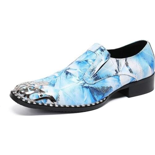 Handmade Dress Shoes Men Square Head Black Blue Genuine Leather Shoes Men with Stars Lace-up Party, Runway Business Shoes Men