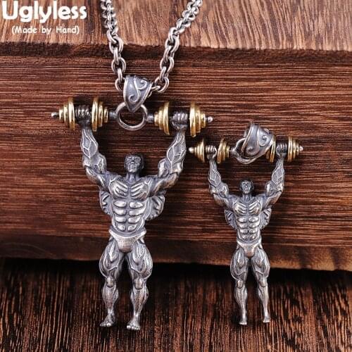 Uglyless Muscle Men Creative GYM Figure Pendants for Men Fashion Thai Silver Necklaces NO Chains 925 Silver HIP HOP Punk Jewelry