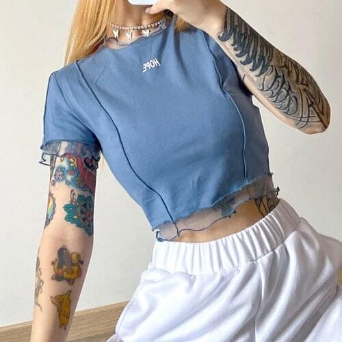 2021 Spring And Summer Fashion Letter Printing Round Neck Wooden Ears Navel Open T-shirt Female Solid Color Lace Ruffle