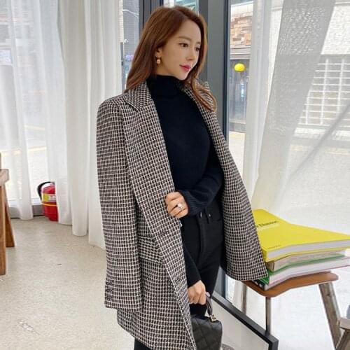 New arrival korean fashion winter OL professional jacket women temperament double-breasted loose jacket houndstooth thick coat