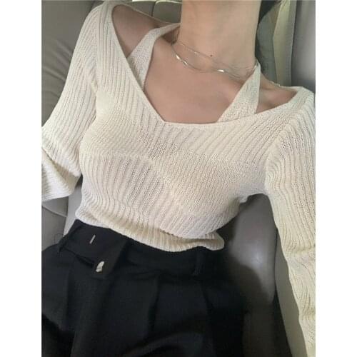 2021 Two-Piece Halter White Sweater Womens Autumn 2021 New Long Sleeve Slim Tight Bottoming Sweater Top