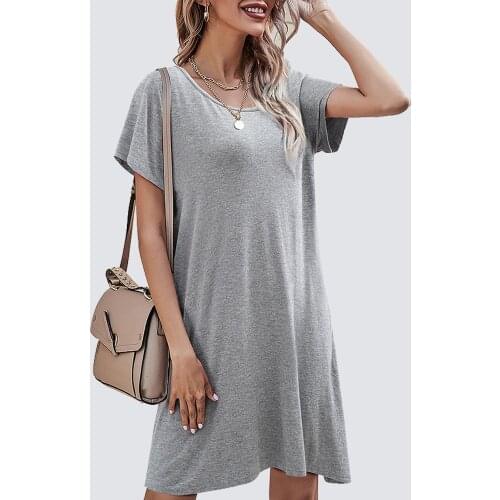 Women Summer Daily Wear Solid Color Scoop Neck Short Sleeve Criss Cross Backless Swing Straight Knee Length Dress 1HA147