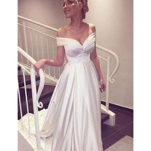 Simple 2019 New Arrival vestidos de novia Wedding Dress Pleat Draped Off shoulder Lustrous Satin Wedding Dresses