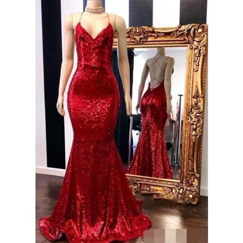 Hot Shinning Sequins Red Mermaid Evening Dresses Sexy Criss Cross Backless robe de soiree Formal evening dress 2019 Prom Gown