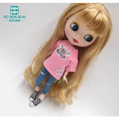1pcs Blyth doll Clothes fashion Pink T-shirt, shredded jeans for blyth azone ob24 1/6 dolls Accessories