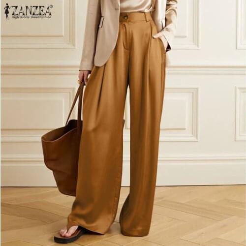 2021 ZANZEA Elegant Women High Waist Wide Leg Pants Summer Long Trousers Casual Loose OL Work Solid Stain Palazzo Black Pants