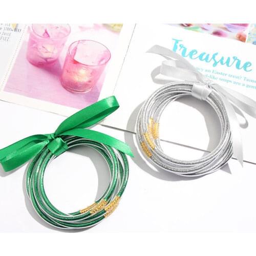 3UMeter 5-piece Flash Bangle Jelly Women Bowknot Set Bracelet 9 Colors Plastic Plus Gold Powder Lightweight Bracelet