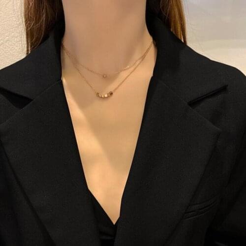 316L Stainless Steel 2 Layer Zircon Square Beaded Charms Chain Choker Pendant Necklace For Women Fashion Fine Jewelry Party Gift