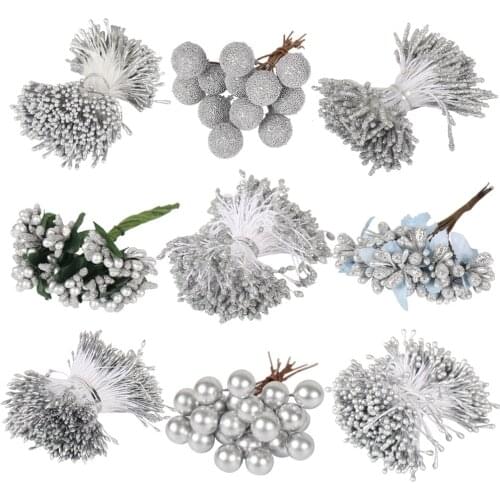 8/10/12/90/144pc Mixed Artificial Flower Cherry Stamen Berries Bundle DIY Xmas Wedding Cake Gift Box Wreaths Decor Silver Theme
