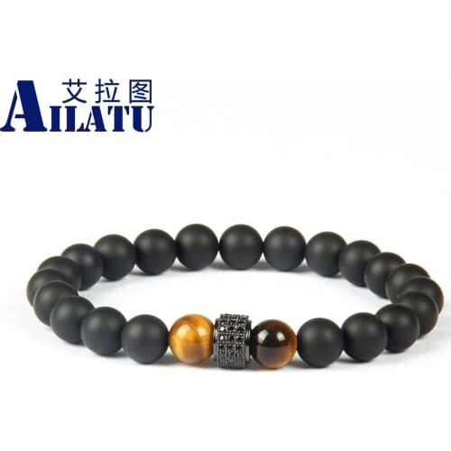 Ailatu Jewelry 10 Pcs/lot Matte Onyx Stone Beads with Black Cz Cylinders Bracelet for Fashion Men