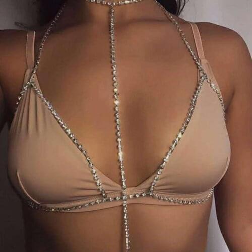 Bohemian Beach Sexy Chest Chain For Women Full Rhinestone Cross Body Chain Shining Crystal Bra Body Necklace Bikini Jewelry