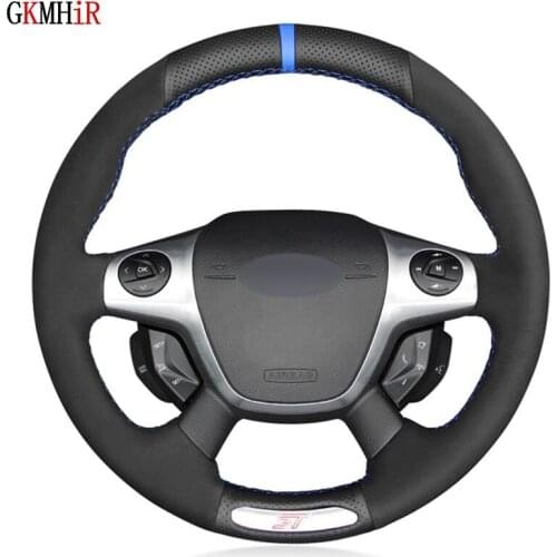 Car Steering Wheel Cover Hand-Stitched Black Genuine Leather Suede Car Steering Wheel Covers For Ford Focus ST 2012 2013 2014