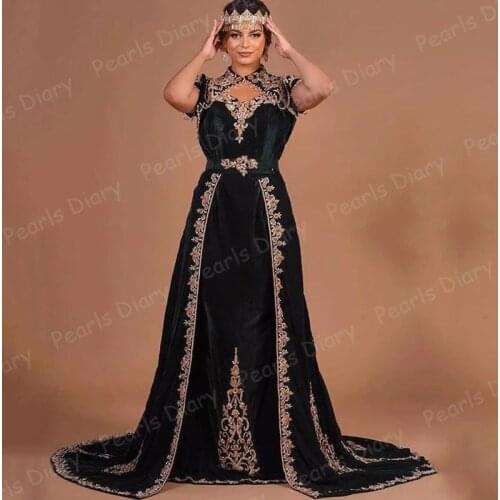 Black Velvet Evening Dresses Morocco Kaftans Beaded High Neck Applique Cap Sleeves Celebrity Gown Arabic Muslim Prom Party Dress