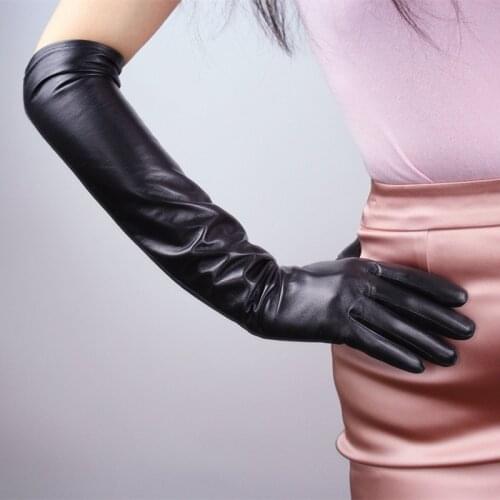 Real Leather Long Gloves 50cm Pure Sheepskin Female Black Straight Warm Women Leather Gloves Slim Hand WZP37