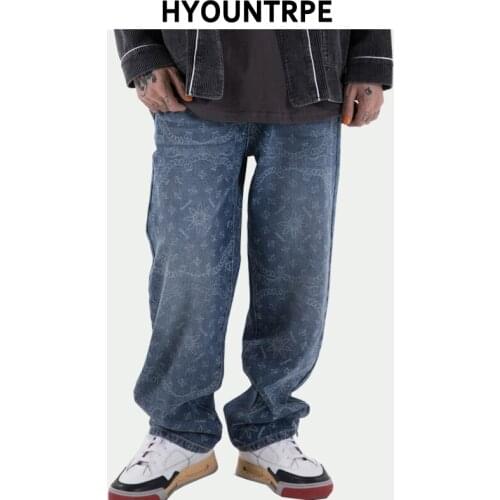 Mens Fashion Paisley Printed Denim Jeans High Street Casual Loose Straight Zipper Joggers Hip Hop Streetwear Pants Baggy Jeans