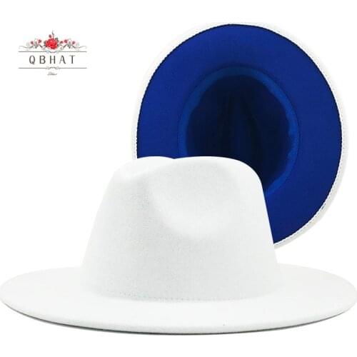 QBHAT Wool Felt Trilby Ladies Dress Hat Women Men White Blue Patchwork Floppy Jazz Panama Carnival Fedora Hats With Black Belt