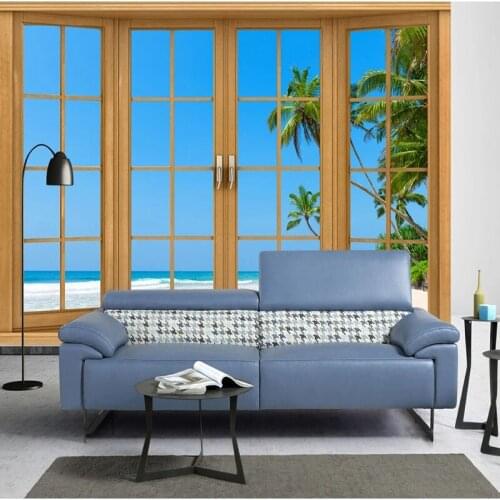 Custom Photo Wallpapers French Windows Beach Sea View 3D Wall Coverings Living Room Bedroom TV Home Decor Mural 3D Wall Sticker