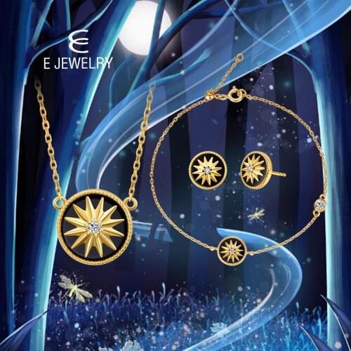 E 925 Sterling Silver Jewelry Sets for Women 18K Gold Color Star Round Necklaces Earrings Chain Bracelet Set Gemstone Jewelry