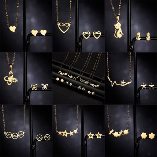 Belleper Heart Animal ECG Flower Star Gold Color Stainless Steel Sets For Women Necklace Earrings Jewelry Set Wedding Jewelry