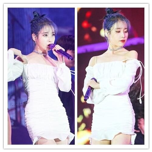 Kpop IU Lee Ji Eun concert same white temperament strapless long-sleeved dress women summer High street sexy sling mini dresses