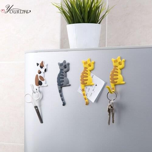 OYOURLIFE Cute Cartoon Cat Magnetic Hook Magnetic Key Holder Adjustable Refrigerator Decorative Message Magnet Fridge Sticker