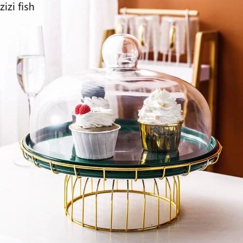Metal Bracket Ceramic Fruit Plates with Glass Cover Porcelain Food Dishes Dessert Dish Serving Trays Tabletop Plate Cake Stand